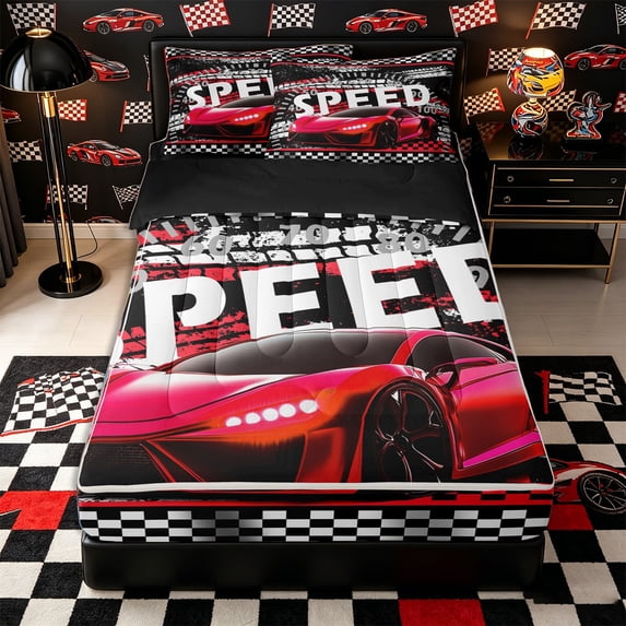 Castle Fairy Bold Red Sports Car Zipper Twin Comforter Sets with Fitted Sheet and 2 Pillowcases,Vivid Speedometer Tire Zipper Bedding Set,Red Black White,4-Piece,Black Reversible