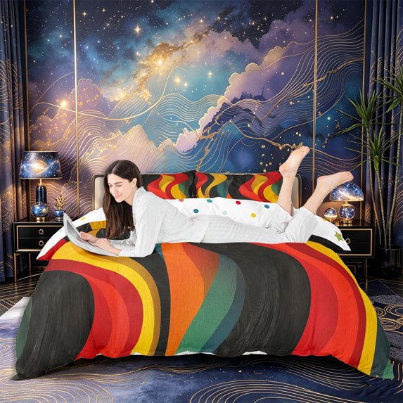Castle Fairy Bold Retro Curved Wave Abstract Duvet Cover Queen,Thick Swirl Contrast Color Tile Queen Bedding,Red Black,Reversible,3-Piece,No Comforter,1 Duvet Cover and 2 Pillowcases