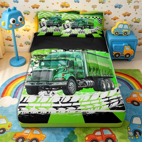 Castle Fairy Bold Truck Art Zipper Full Size Comforter Sets with Fitted Sheet and 2 Pillowcases,Vivid Lorry Graphic Zipper Bedding Set for Bedroom,Green,4pcs,Black Reversible