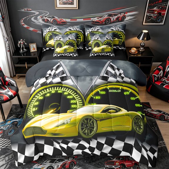 Castle Fairy Bold Yellow Racer Bedding Comforter Set 7pcs for Kids, Checkered Emblem Queen Bedding Sets for Dormitory, Amber Black Shade,Black Reversible