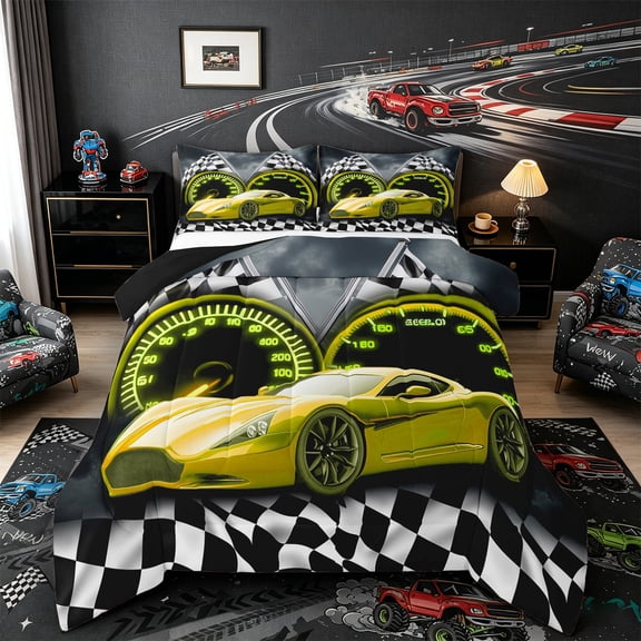 Castle Fairy Bold Yellow Racer Queen Comforter Set 3pcs for Kids, Checkered Emblem Bedding Comforter Set for Dormitory, Amber Black Shade,Black Reversible