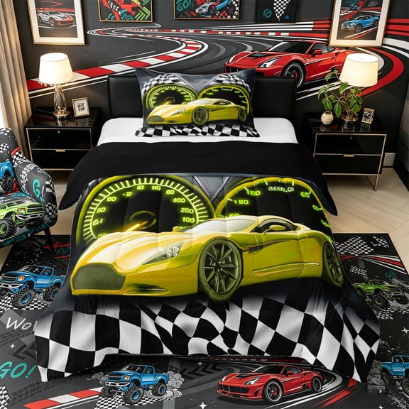 Castle Fairy Bold Yellow Racer Twin Comforter Sets 3-Piece for Kids, Checkered Emblem Bedding Set for Dormitory, Amber Black Shade,Black Reversible