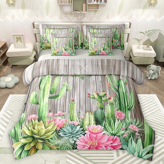 Castle Fairy Botanical Cactus Twin Bedding Sets 7-Piece for Female Men Adults,Chic Floral Blossoms Bedding Comforter Set Microfiber,Rustic Lodge Cabin Breathable Sheet Sets,Breathable Home Decor