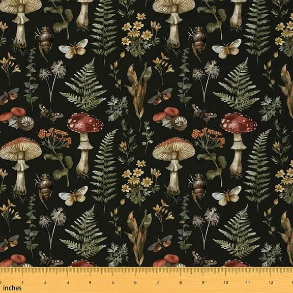 Castle Fairy Botanical Mushroom Fabric by the Yard 2 Yards, Green Leaves Sewing Fabric, Chic Butterfly Room Decor Fabric by the Yard, Black Bedroom Decor
