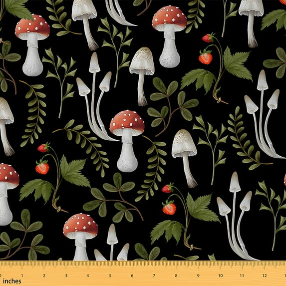 Castle Fairy Botanical Mushroom Fabric by the Yard 5 Yards,Red Strawberry Fabric for Sewing,Black Green Home Decor Fabric by the Yard,Breathable Home Decor