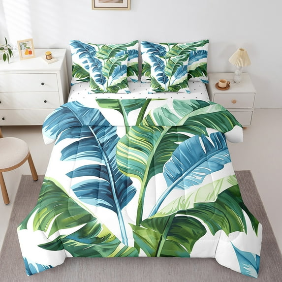 Castle Fairy Botanical Plants 7pcs Bedding Comforter Set,Tree Leaves Queen Bedding Sets Super Cozy,Tropical Plants Queen Sheet Sets,Lightweight Watercolor Room Decor,Reversible