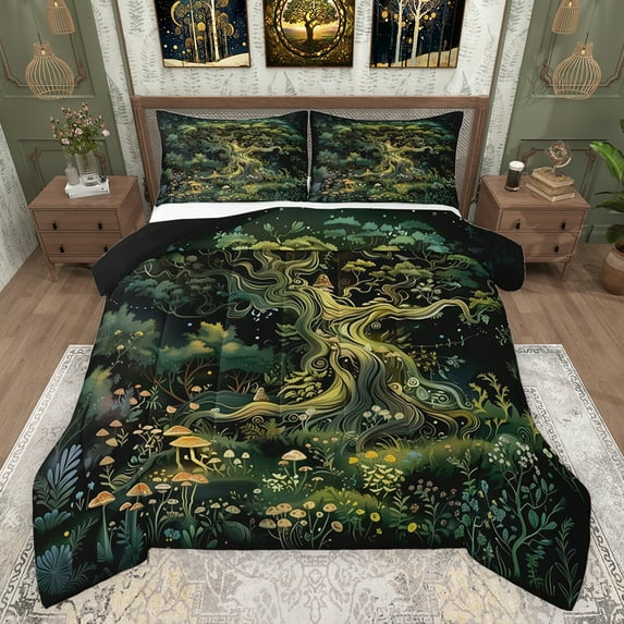 Castle Fairy 3-Piece Queen Size Comforter Set - Magical Garden Mushroom Floral Print