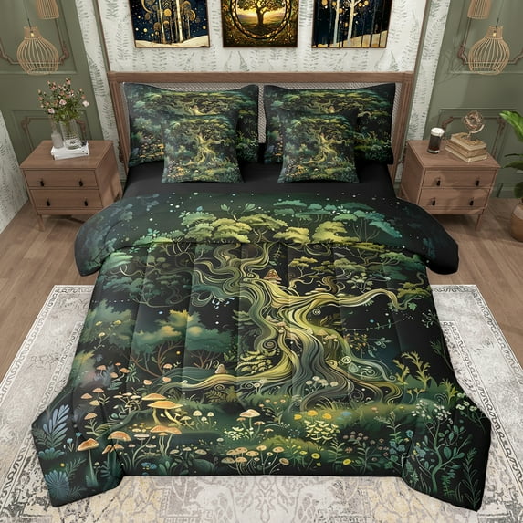 Castle Fairy Botanical Plants Mushroom Twin Bedding Sets 7-Piece for Female Men Women,Magical Garden Tree Bedding Comforter Set Microfiber,Vintage Chic Floral Flower Breathable Sheet Sets