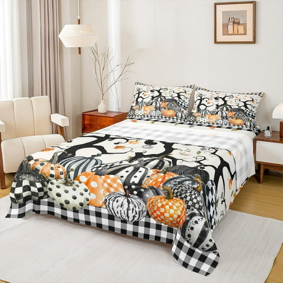 Castle Fairy Botanical Pumpkin 4pcs Bed Sheets,Geometric Plaid King Sheets,Polka Dots Super Cozy Sheet Set,Super Cozy Abstract Room Decor
