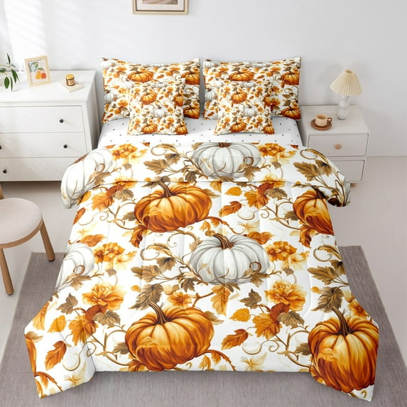 Castle Fairy Botanical Pumpkin 7 Pieces Bedding Comforter Set for Teens,Chic Flower Full Bedding Set Lightweight,Thanksgiving Day Fitted Sheet Flat Sheet,Ultra Soft Home Decor