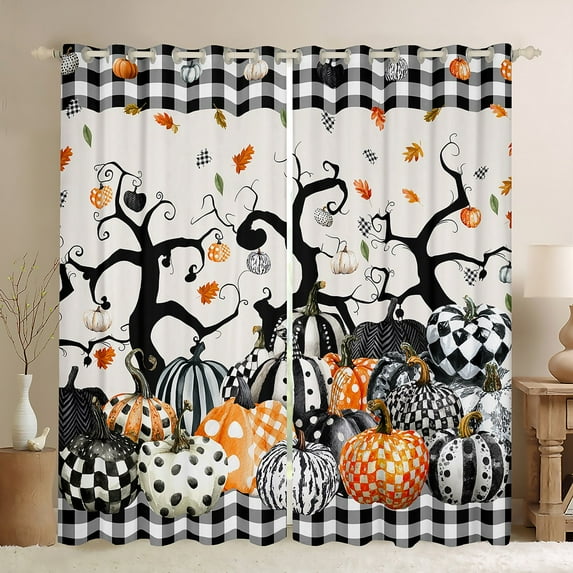 Castle Fairy Botanical Pumpkin Black Out Curtains,Geometric Plaid Curtains Pack of 2 (42x63 Each),Polka Dots Bedroom Curtains,Super Cozy Abstract Room Decor