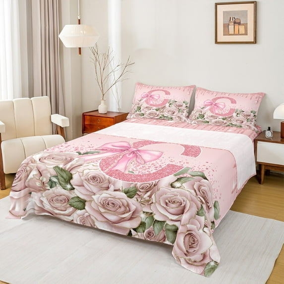 Castle Fairy Bow Alphabet 4-Piece Full Size Sheets,Floral Rose Bed Sheets,Sparkling Sequin Lightweight Sheet Sets,Luxury Girls Bedroom Decor