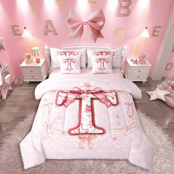 Castle Fairy Bow Alphabet 7-Piece Twin Bedding Sets,Red Flower Bedding Comforter Set,Letter Personalized Breathable Sheet Sets,Microfiber Floral Room Decorative