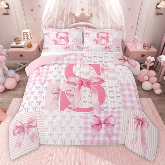 Castle Fairy Bow Knot Personalized Initial S Twin Comforter Sets,Pink Bow-Tie Bedding Set