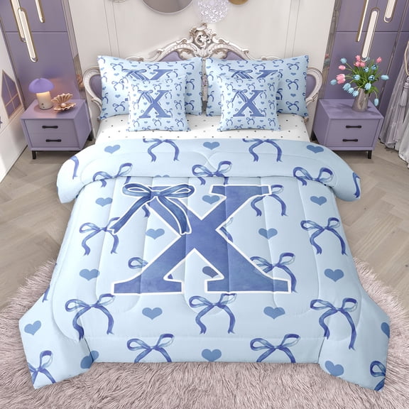 Castle Fairy Bow Knot Personalized Initial X 7-Piece Twin Bedding Sets for Teens Girls,Dreamy Princess Bedding Comforter Set,Love Heart Print Breathable Sheet Sets,Breathable Home Decor