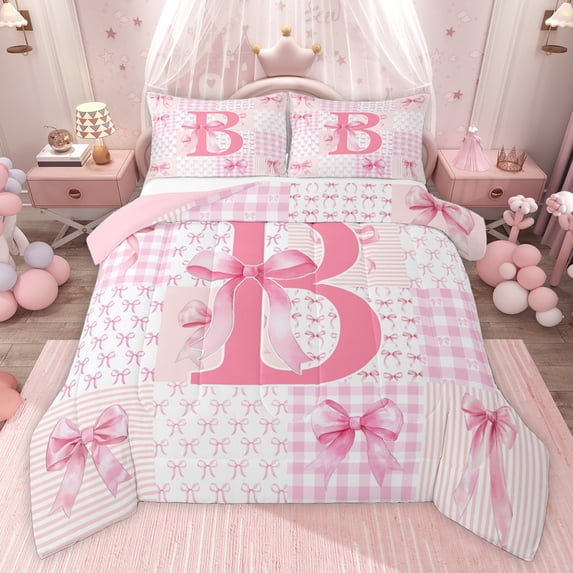 Castle Fairy Bow Letter Monogrammed B Twin Comforter Sets,Kawaii Bowknot Plaid Bedding Set