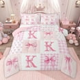 thumbnail image 1 of Castle Fairy Bow Letter Monogrammed K Twin Comforter Sets,Cute Bow-Tie Plaid Bedding Set, 1 of 8
