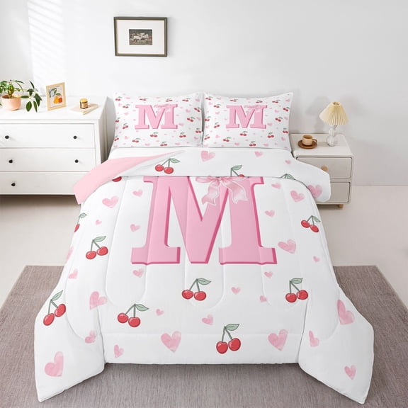 Castle Fairy Bow Letter Monogrammed M Twin Comforter Sets,Cartoon Cherry Bedding Set