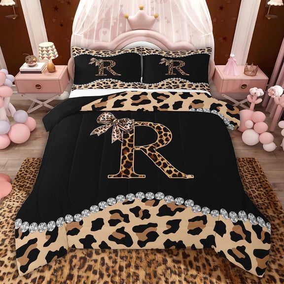 Castle Fairy Bow Letter Monogrammed R Twin Comforter Sets,Cheetah Print Bedding Set