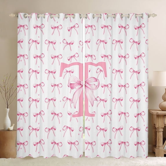 Castle Fairy Bow Print Letter T Black Out Curtains for Girls,Sweet Princess Initial Curtains Pack of 2 (42x63 Each)