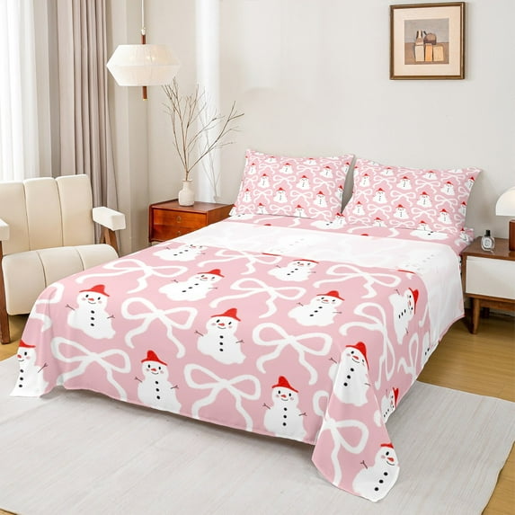 Castle Fairy Bow Snowman 3pcs Twin Sheet Sets,Pink White Twin Fitted Sheet,Merry Christmas Breathable Flat Sheet,Lightweight Festival Room Decor
