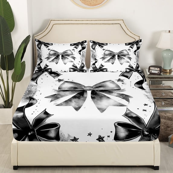 Castle Fairy Bow Tie Stars 3pcs Twin Sheet Sets,Black White Twin Fitted Sheet,Gradient Ombre Breathable Flat Sheet,Luxury Girls Bedroom Decor