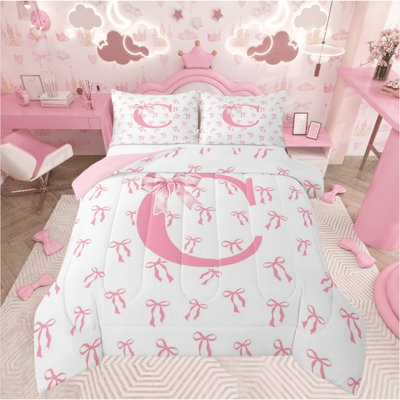 Castle Fairy Bowknot Alphabet C 3-Piece Full Size Comforter Sets for Teens,Dreamy Princess Bedding Comforter Set,Kawaii Bow Lightweight Bedding Sets,Breathable Home Decor