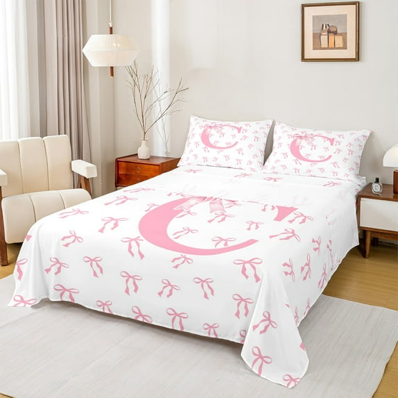 Castle Fairy Bowknot Alphabet C 4pcs Bed Sheets for Teens,Dreamy Princess King Sheets,Kawaii Bow Super Cozy Sheet Set,Breathable Home Decor
