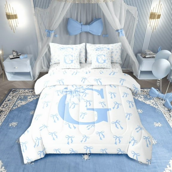 Castle Fairy Bowknot Alphabet G 7-Piece Twin Bedding Sets for Teens,Dreamy Princess Bedding Comforter Set,Kawaii Bow Breathable Sheet Sets,Breathable Home Decor