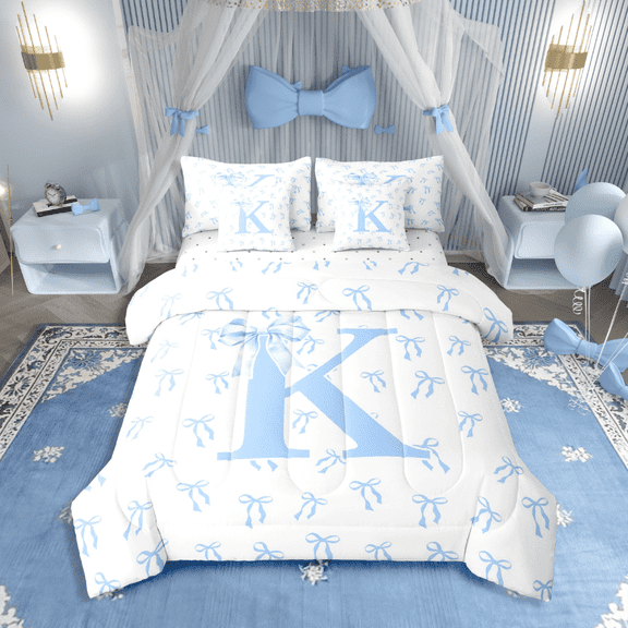 Castle Fairy Bowknot Alphabet K 7-Piece Twin Bedding Sets for Teens,Dreamy Princess Bedding Comforter Set,Kawaii Bow Breathable Sheet Sets,Breathable Home Decor