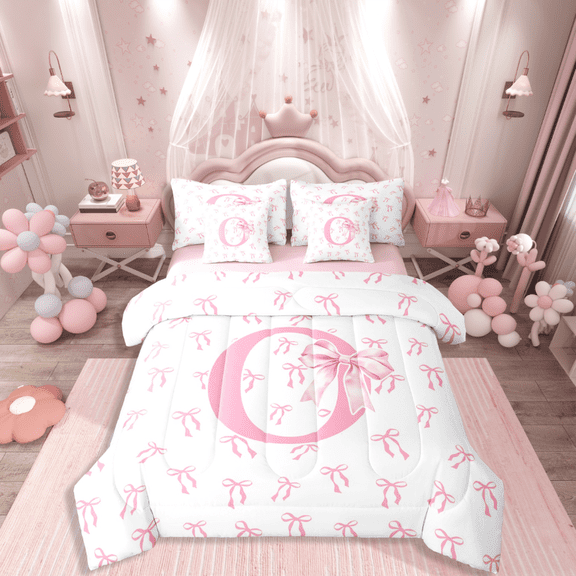 Castle Fairy Bowknot Alphabet O 7-Piece Twin Bedding Sets for Teens,Dreamy Princess Bedding Comforter Set,Kawaii Bow Breathable Sheet Sets,Breathable Home Decor