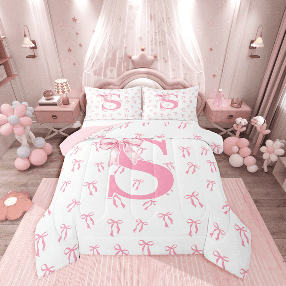 Castle Fairy Bowknot Alphabet S 2-Piece Twin Comforter Set, Kawaii Bow Bedding for Teens