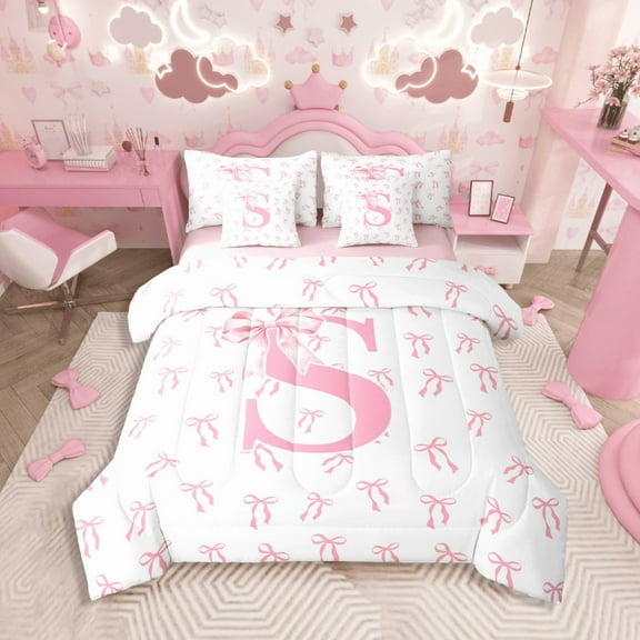 Castle Fairy Bowknot Alphabet S 7-Piece Twin Bedding Sets for Teens,Dreamy Princess Bedding Comforter Set,Kawaii Bow Breathable Sheet Sets,Breathable Home Decor