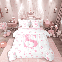 Castle Fairy Bowknot Alphabet S 7-Piece Twin Bedding Sets for Teens,Dreamy Princess Bedding Comforter Set,Kawaii Bow Breathable Sheet Sets,Breathable Home Decor