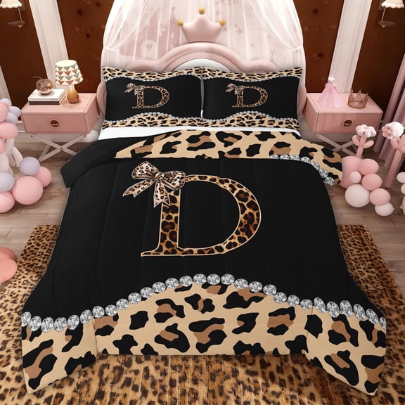 Castle Fairy Bowknot Letter Monogrammed D Twin Comforter Sets,Cheetah Print Bedding Set