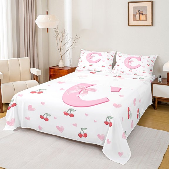 Castle Fairy Bowtie Personalized Initial C Bed Sheets, Kawaii Cherry King Sheets