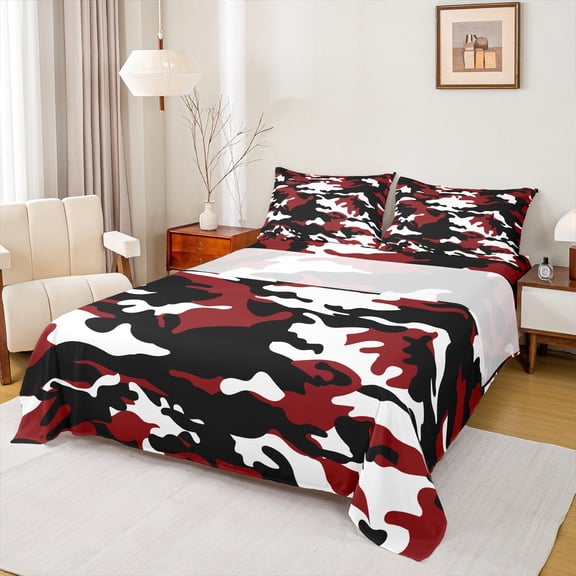 Castle Fairy Boys Black Red Camouflage 4-Piece Full Size Sheets,Abstract Geometric Bed Sheets,Lightweight Sheet Sets,Breathable Home Decor