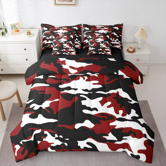 Castle Fairy Boys Black Red Camouflage 7 Pieces Bedding Comforter Set,Abstract Geometric Full Bedding Set Lightweight,Fitted Sheet Flat Sheet,Breathable Home Decor
