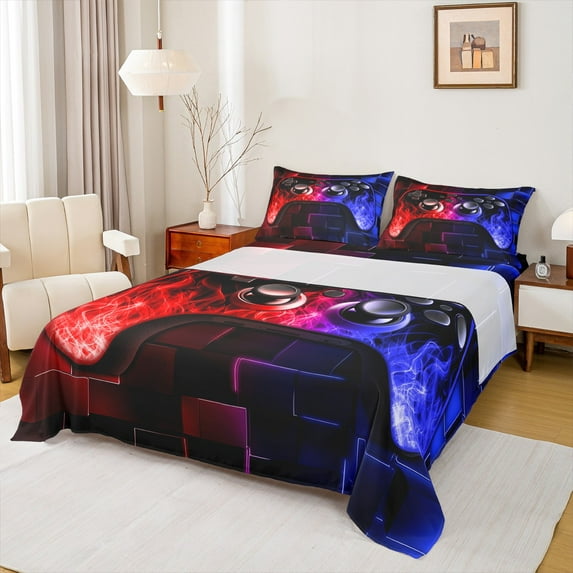 Castle Fairy Boys Blue Red Gamepads 3pcs Twin Sheet Sets,Futuristic Cubes Twin Fitted Sheet,Abstract Gradient Breathable Flat Sheet,Ultra Soft Home Decor