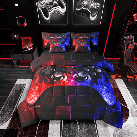 Castle Fairy Boys Blue Red Gamepads 7-Piece Twin Bedding Sets,Futuristic Cubes Bedding Comforter Set,Abstract Gradient Breathable Sheet Sets,Ultra Soft Home Decor