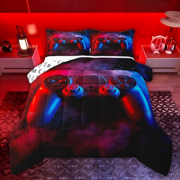 Castle Fairy Boys Blue Red Gamepads Full Size Comforter Sets,Gradient Ombre Bedding Sets