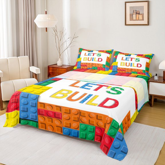 Castle Fairy Boys Building Blocks 4-Piece Full Size Sheets,Construction Game Bed Sheets,Colorful Brick Lightweight Sheet Sets,Luxury Bedroom Decor