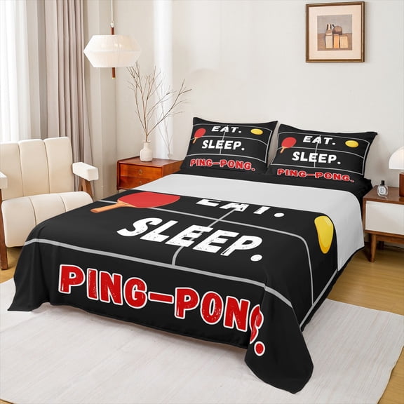 Castle Fairy Boys Children Eat Sleep Ping-Pong 3Pcs Twin Sheet Sets,Ball Game Twin Fitted Sheet,Sport Gamer Breathable Flat Sheet,Ultra Soft Home Decor