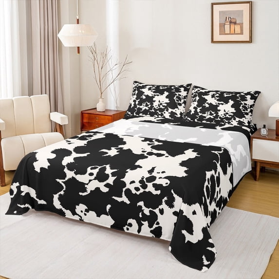 Castle Fairy Boys Cow Print 3pcs Twin Sheet Sets,Black White Twin Fitted Sheet,Farmhouse Animal Breathable Flat Sheet,Luxury Bedroom Decor