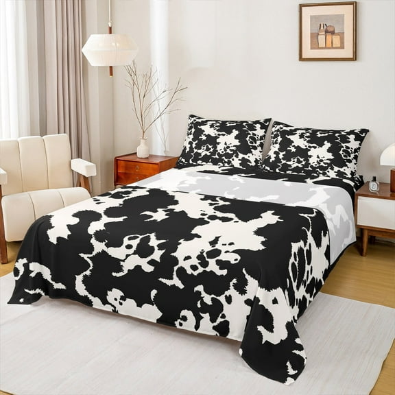 Castle Fairy Boys Cow Print 4-Piece Full Size Sheets,Black White Bed Sheets,Farmhouse Animal Lightweight Sheet Sets,Luxury Bedroom Decor