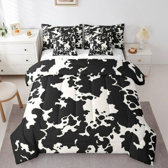 Castle Fairy Boys Cow Print 7-Piece Bedding Comforter Set,Black White King Bedding Sets,Farmhouse Animal Ultra Soft Bed Sheets,Luxury Bedroom Decor