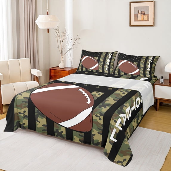Castle Fairy Boys Gamer Football 4 Pieces Queen Sheet Sets for Teenagers,Abstract Camouflage Ultra Soft Flat Sheet,USA Flag Queen Fitted Sheet,Ultra Soft Home Decor