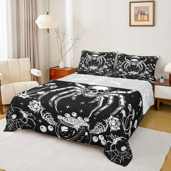 Castle Fairy Boys Girls Abstract Animal Spider Full Size Sheets 4-Piece,Gothic Skull Breathable Bed Sheets,Floral Flowers Mushroom Lightweight Sheet Sets,Luxury Bedroom Decor