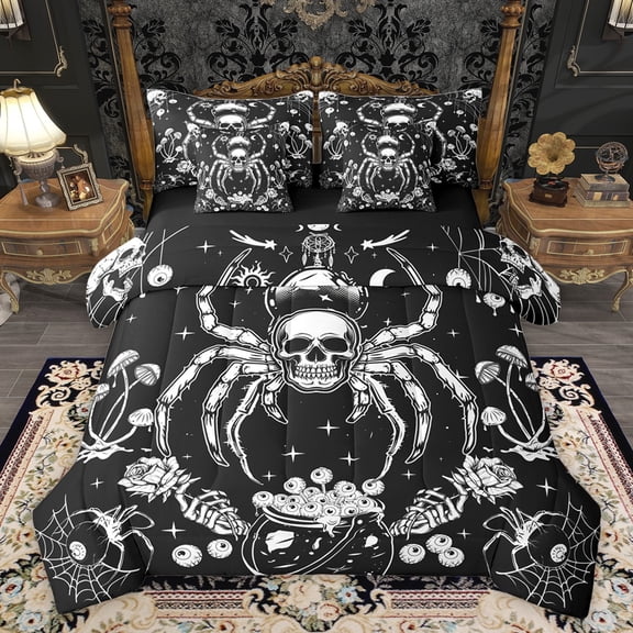 Castle Fairy Boys Girls Abstract Animal Spider Twin Bedding Sets 7-Piece,Gothic Skull Bedding Comforter Set Microfiber,Floral Flowers Mushroom Breathable Sheet Sets,Luxury Bedroom Decor,Reversible