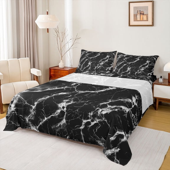 Castle Fairy Boys Girls Abstract Gradient Marble 4 Pieces Queen Sheet Sets,Stone Pattern Ultra Soft Flat Sheet,Black White Queen Fitted Sheet,Breathable Home Decor